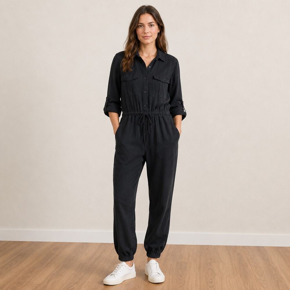 Thread & Supply Jumpsuit Womens M Black Lyocell Utility Button Front Roll Tab